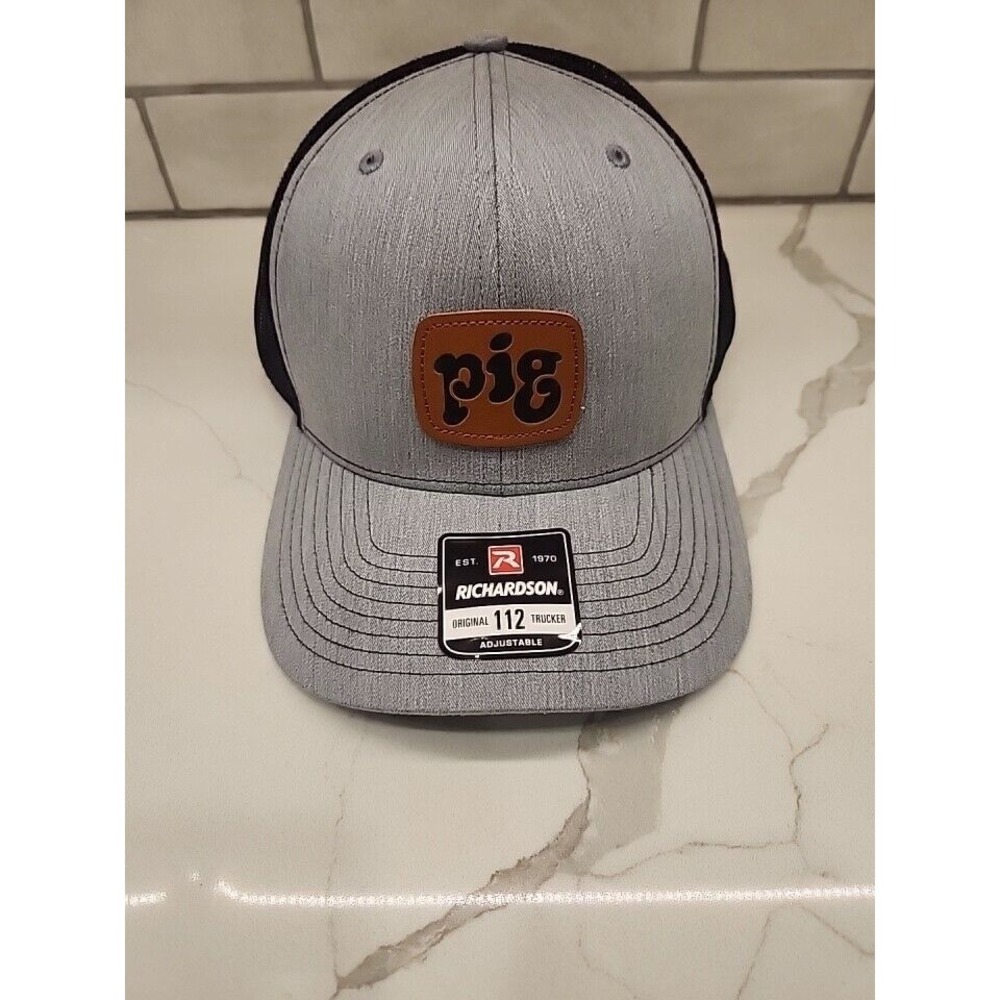 Richardson 112 Pig Square Leather Patch Trucker Hat Gray Black Adjustable Snap